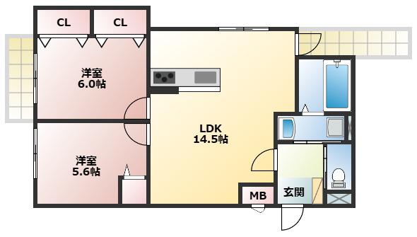 サイアミーズ春日町(2LDK/2階)の間取り写真