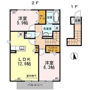 ハイム杉山 A棟(2LDK/2階)の間取り写真