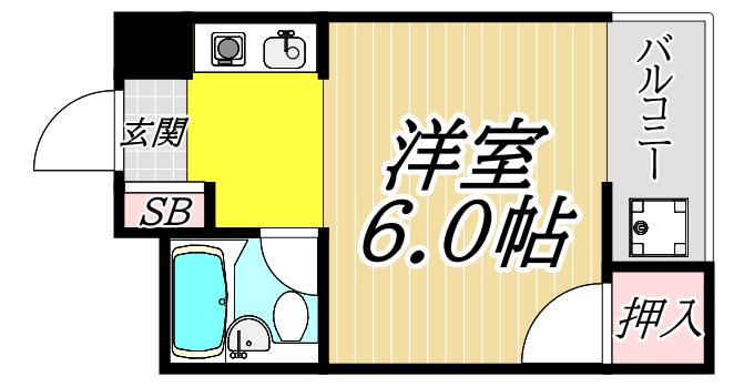 第1キャスル塚口(1K/2階)の間取り写真