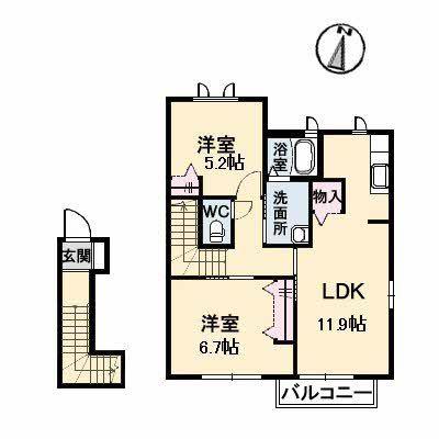 ヴィラシーン神辺B棟(2LDK/2階)の間取り写真