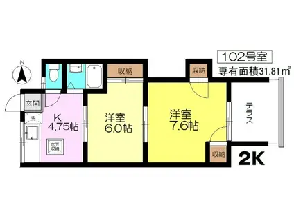 ハーツデール(2K/1階)の間取り写真