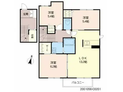 オーク学研都市駅南 C棟(3LDK/2階)の間取り写真