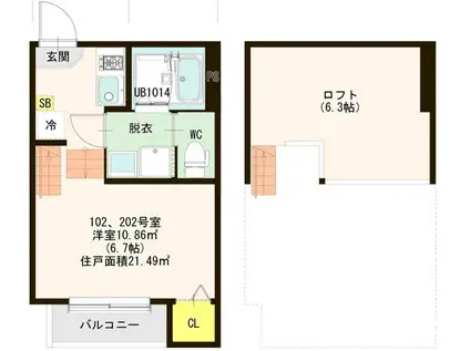 PREMIUM GRACE 仙台岩切(1K/2階)の間取り写真