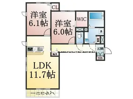 ワン ウェーブ 霞ヶ丘(2LDK/3階)の間取り写真
