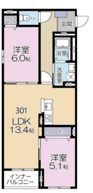 カサブランカ(2LDK/3階)の間取り写真