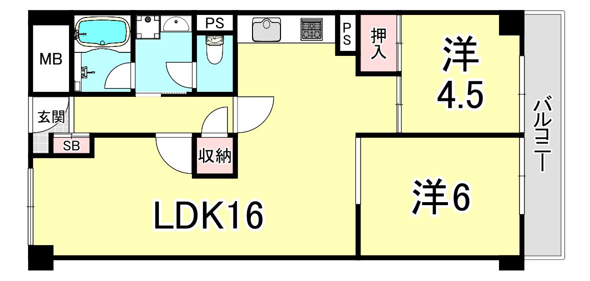 ユニハイツ朝霧(2LDK/4階)の間取り写真