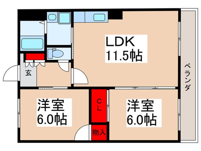ハッピーベル山中(2LDK/6階)の間取り写真