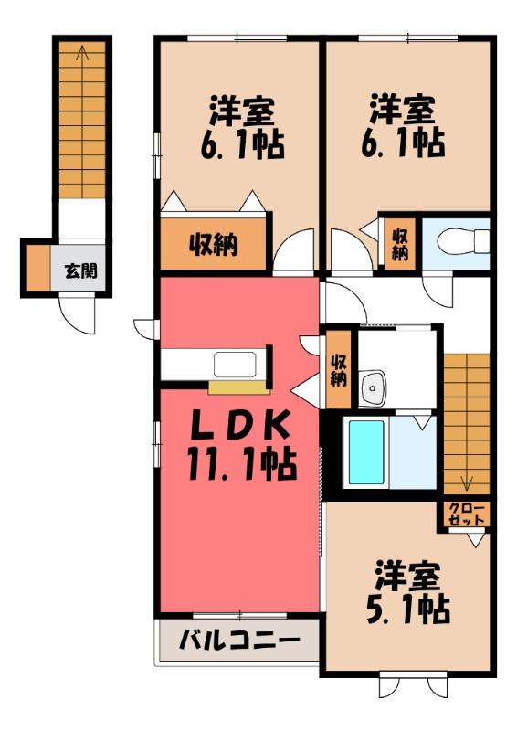 メゾン・リバプールA棟(3LDK/2階)の間取り写真
