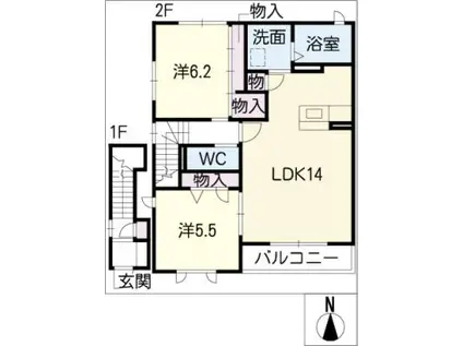 サニーウェルA(2LDK/2階)の間取り写真