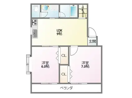 ヒルサイドK(2DK/2階)の間取り写真