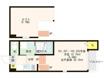 フェリオ福岡井尻(1K/2階)の間取り写真