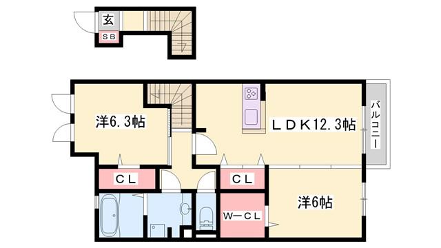 ローヤルヴィラ勝原(2LDK/2階)の間取り写真