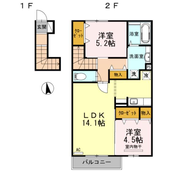 カーサアリエッタA・B・C A棟(2LDK/2階)の間取り写真