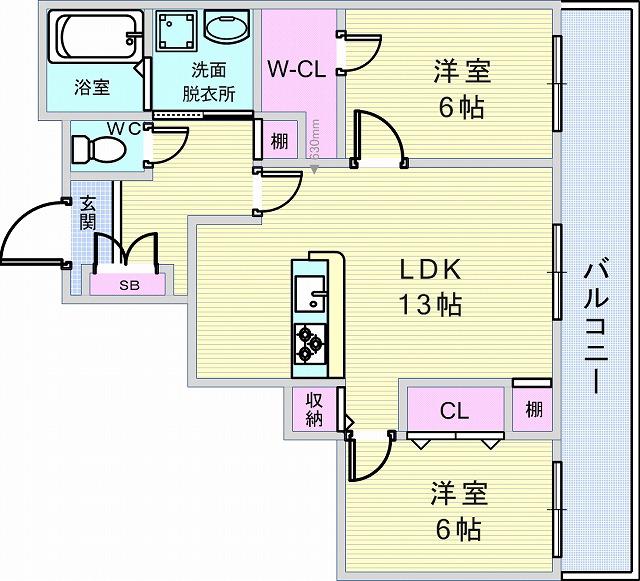 パヴィヨン豊中(2LDK/3階)の間取り写真
