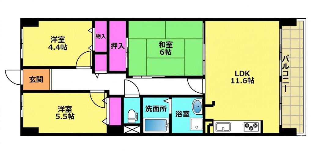 東加古川ハイタウン C棟(3LDK/6階)の間取り写真