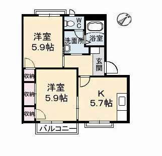 オーキッド倉敷IIA棟(2K/2階)の間取り写真