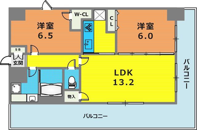 レジディア神戸三宮プレイス(2LDK/8階)の間取り写真