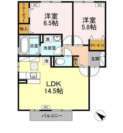 ヴァン・カルチェ B棟(2LDK/1階)の間取り写真