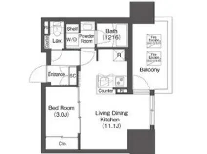 コンフォリア・リヴ本町ウエストQ(1LDK/15階)の間取り写真