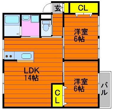 エルディムヘルシーII(2LDK/2階)の間取り写真