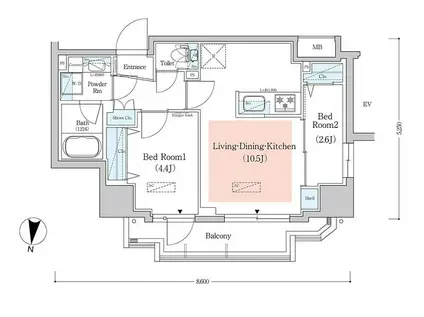 アーバネックス西新宿II(2LDK/8階)の間取り写真