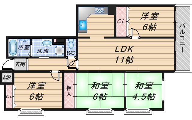 グランドハイツ豊中(4LDK/2階)の間取り写真