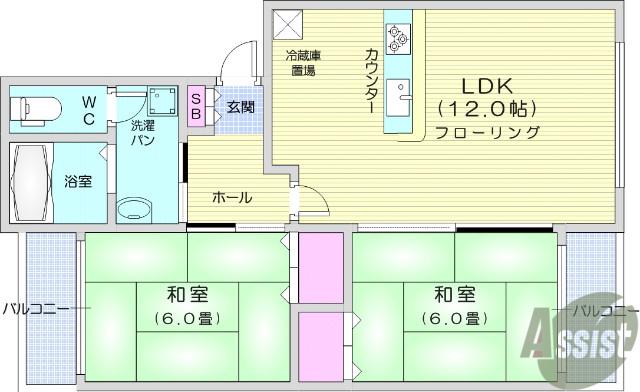 チェスナットコートⅡ(2LDK/2階)の間取り写真