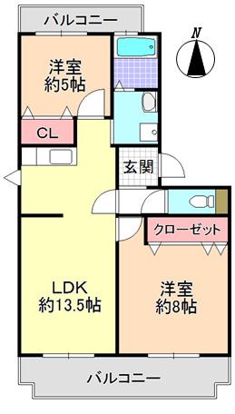 ヴィラ仲谷向陽台(2LDK/1階)の間取り写真