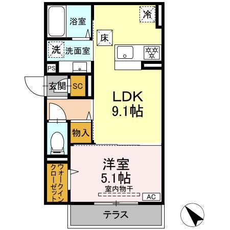 ディー パイナ 千年新町(1LDK/1階)の間取り写真