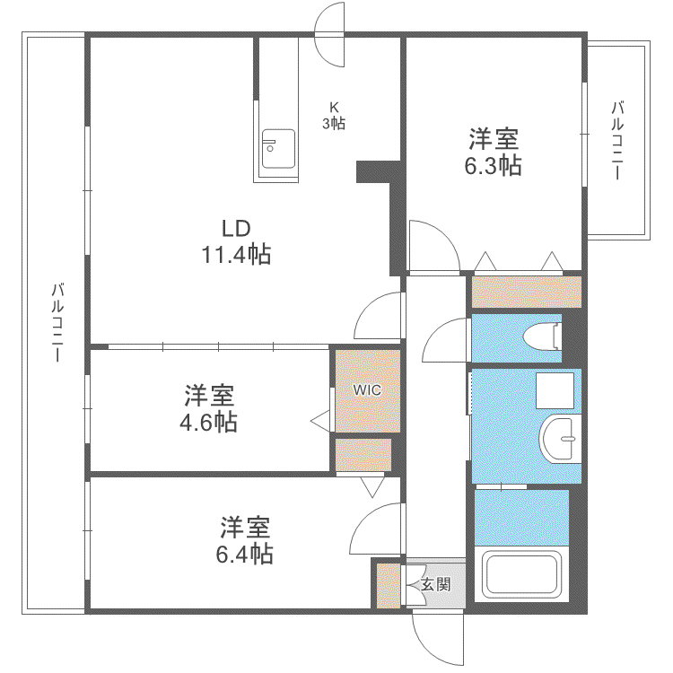 RITZ GRANDE東札幌(3LDK/4階)の間取り写真