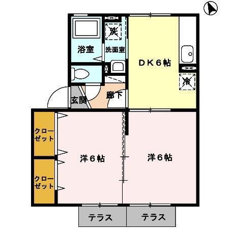 グランドゥールZB棟(2DK/1階)の間取り写真