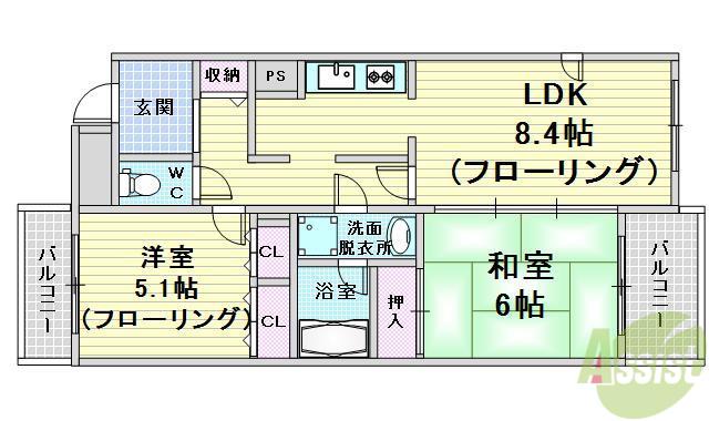 エアフォルク利倉東(2LDK/1階)の間取り写真