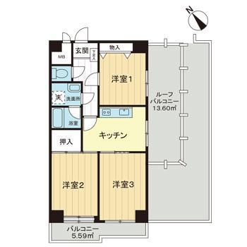 ライオンズプラザ花小金井(3K/6階)の間取り写真