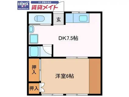 ツインビーテラス波切(1DK/2階)の間取り写真