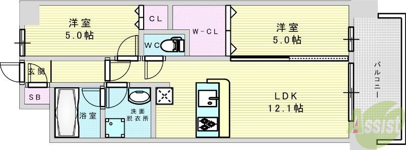 スプランディッド大阪NAMBA LINE(2LDK/4階)の間取り写真