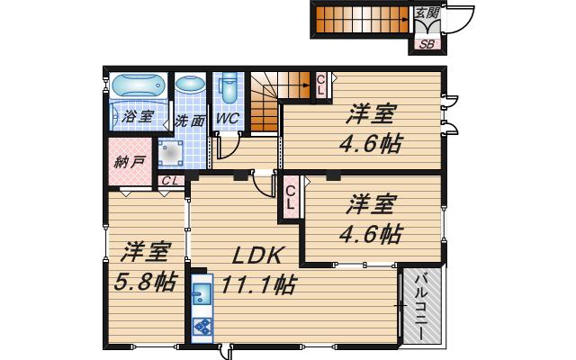 北桜塚レジデンス(3LDK/2階)の間取り写真