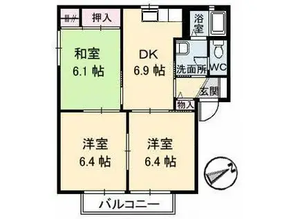 ディアス岡田 B棟(3DK/1階)の間取り写真