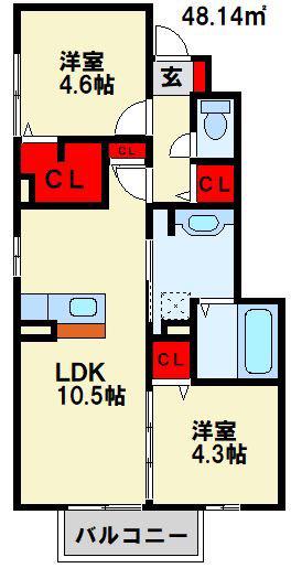 クレール本城II(2LDK/1階)の間取り写真