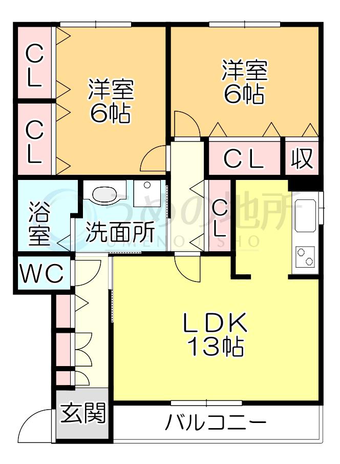サニーホームズ宮ノ陣 B棟(2LDK/1階)の間取り写真