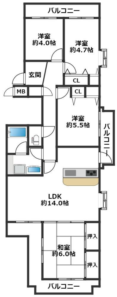 コープ野村潮見台ハイツ(4LDK/3階)の間取り写真