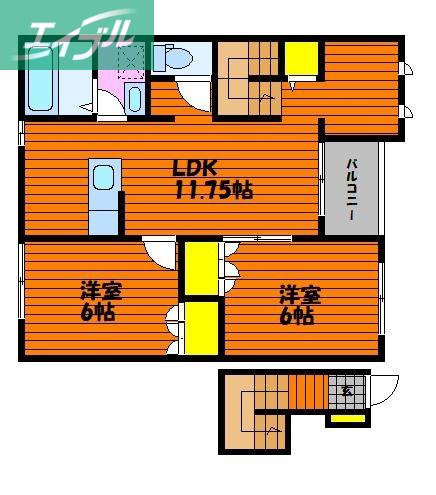 アロース牟佐(2LDK/2階)の間取り写真
