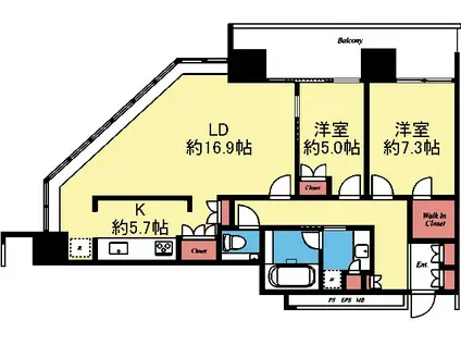 BRILLIA GRANDE みなとみらいオーシャンフロントタワー(2LDK/23階)の間取り写真