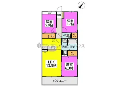 アリエス ヤナセ(3LDK/3階)の間取り写真