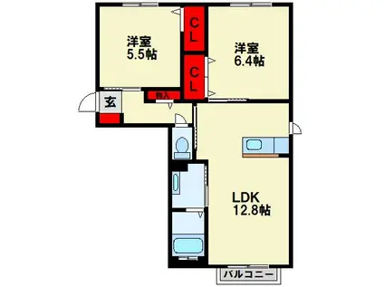 コモドヴィラ引野 A棟(2LDK/1階)の間取り写真