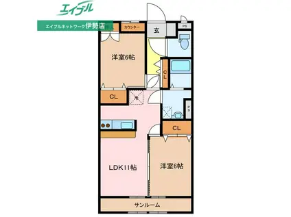 サンガーデンB棟(2LDK/1階)の間取り写真