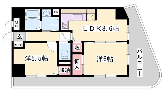 ライオンズマンション姫路(2DK/4階)の間取り写真