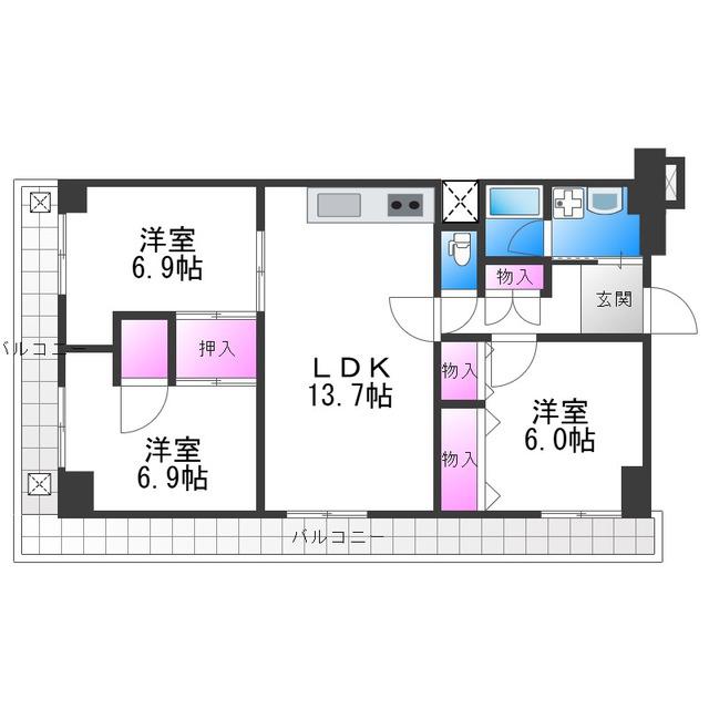 帝塚山グリーンハイツA棟(3LDK/4階)の間取り写真