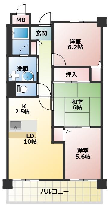 ベルデュール四條畷(2LDK/3階)の間取り写真