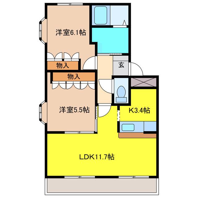 シャンヴィラージュ(2LDK/2階)の間取り写真