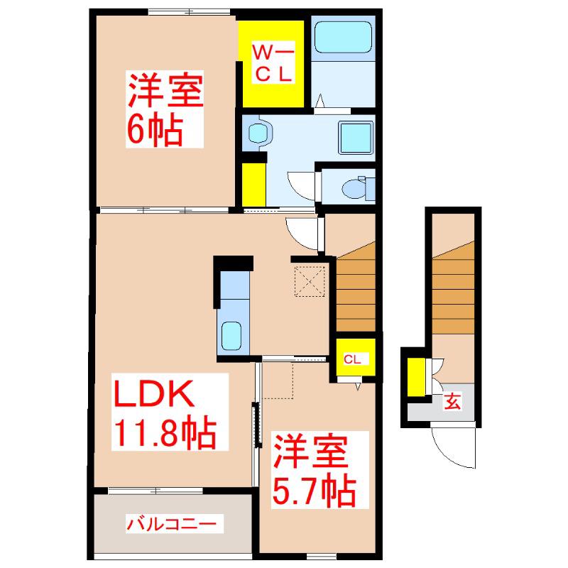 アルドール アサヒ I(2LDK/2階)の間取り写真